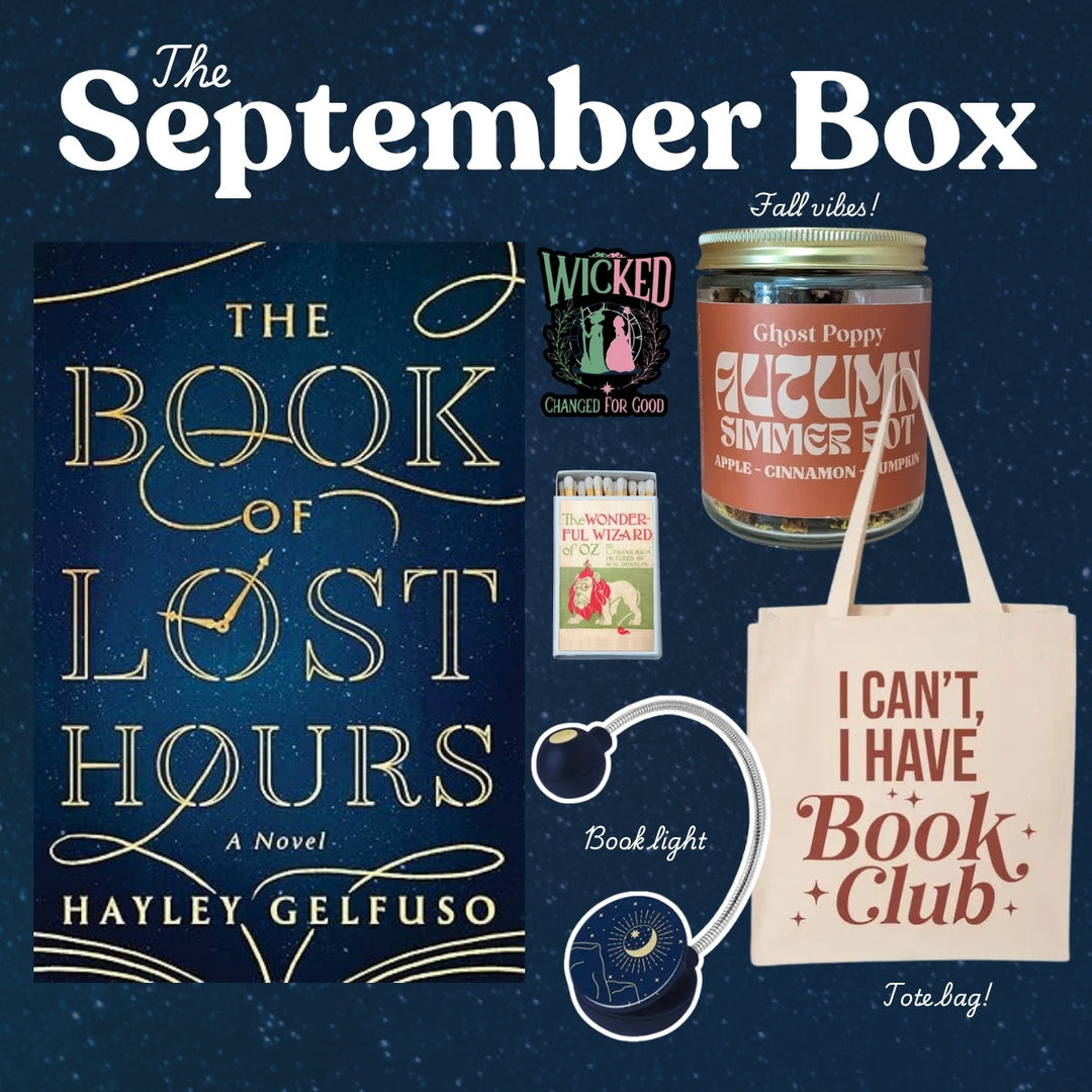 September 2025 box: The Book of Lost Hours by Hayley Gelfuso with a candle, book light and tote